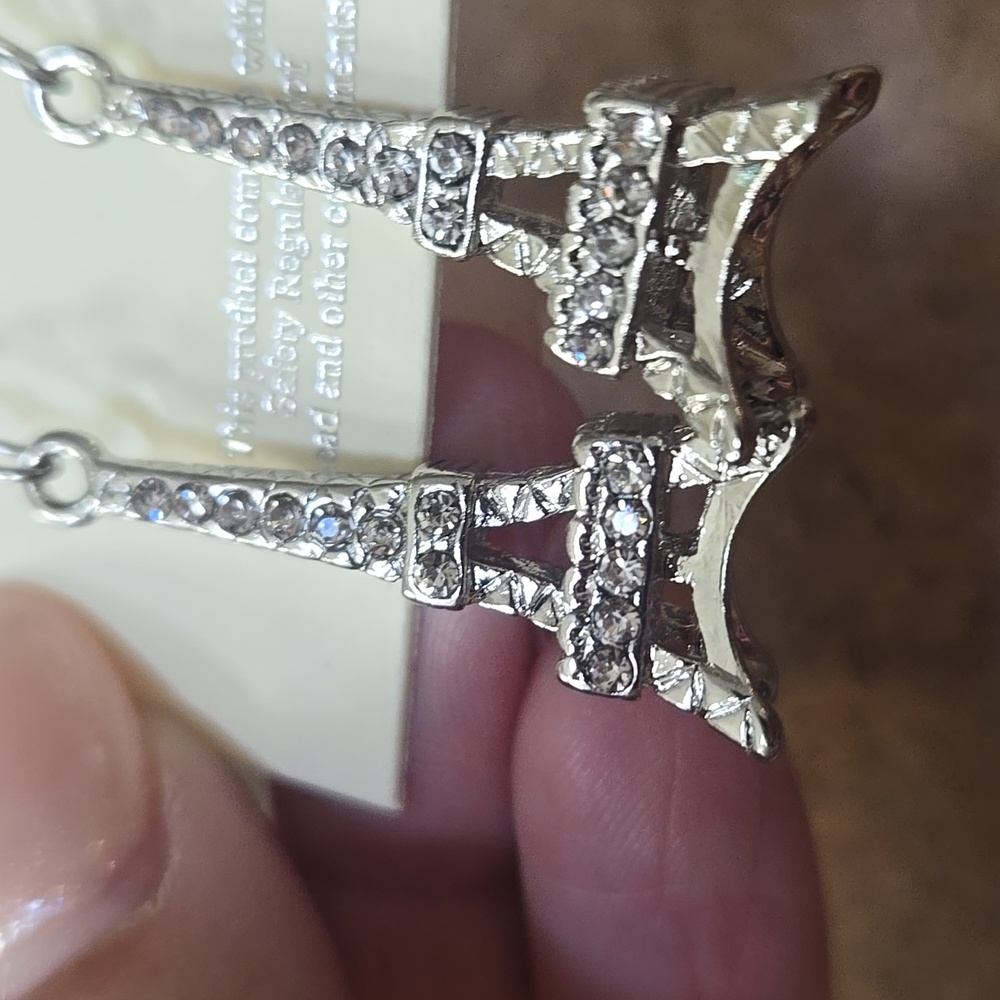 New Fresh & Co. Crystal Collection Silver Dangle Eiffel Tower Earrings - Picture 4 of 6